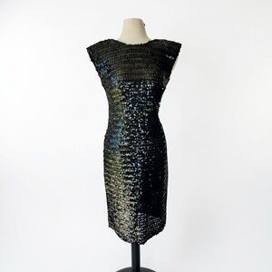 Vtg 80s Black Sequin Cocktail Club Party Dress Wiggle Sz M Low Back